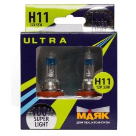Автолампа МАЯК Ultra Super Light +100% комплект (PGJ19-2, H11, 12V, 55W) MK 82110SL+100