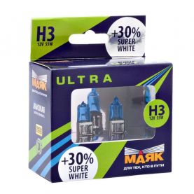 Автолампа МАЯК Ultra Super White +30% комплект (PK22s, H3, 12V, 55W) MK 82320SW+30