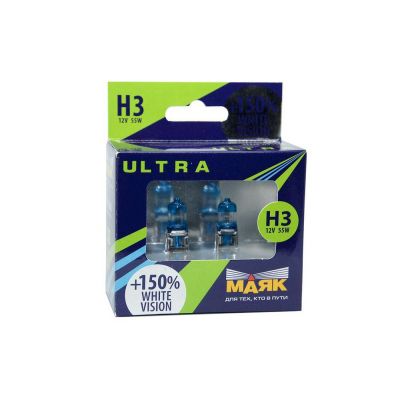 Автолампа МАЯК Ultra White Vision +150% комплект (PK22s, H3, 12V, 55W) MK 82320WV+150