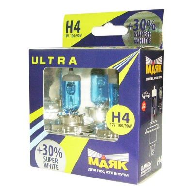 Автолампа МАЯК Ultra Super White +30% комплект (P43t, H4, 12V, 100/90W) MK 82450SW+30