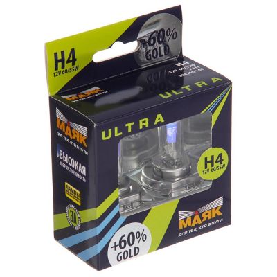 Автолампа МАЯК Ultra Gold +60% комплект (P43t, H4, 12V, 60/55W) MK 82420G+60