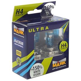 Автолампа МАЯК Ultra White Vision +150% комплект (P43t, H4, 12V, 60/55W) MK 82420WV+150